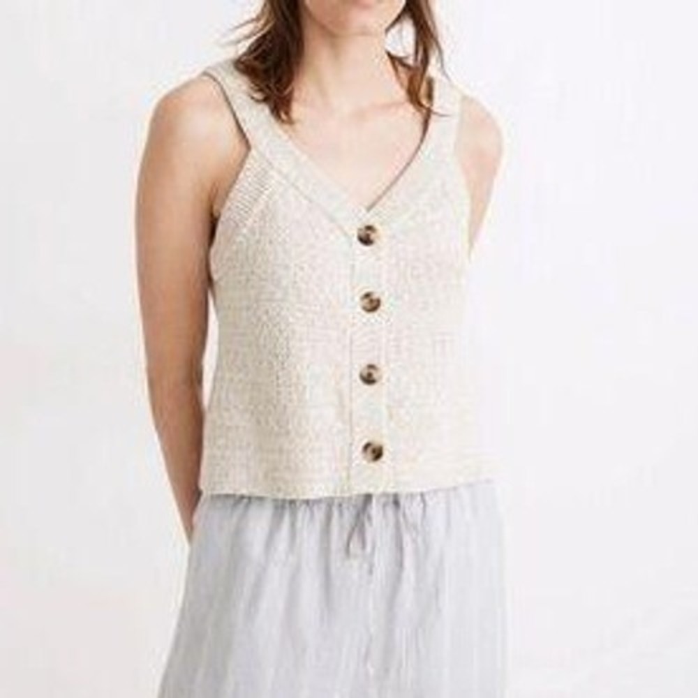 Madewell Womens XL Marled Knit Button Front Sweater Tank‎ Top Oatmeal V-Neck